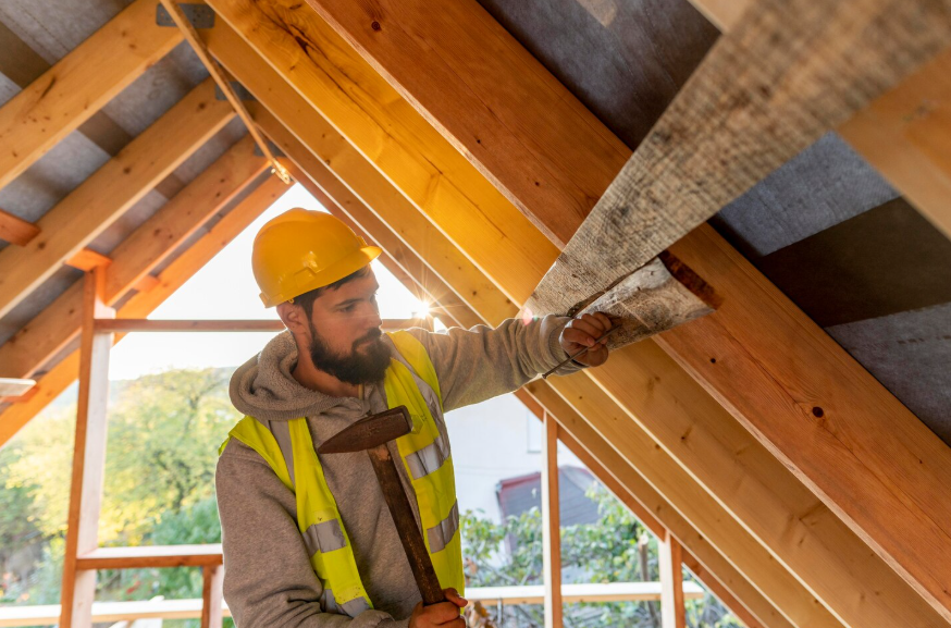 Contractor inspecting attic framing during attic storage conversion services installation