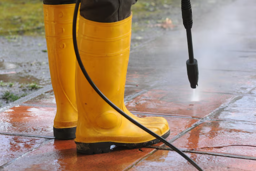 Exterior power washing before renovation cleaning patio surface with pressure washer
