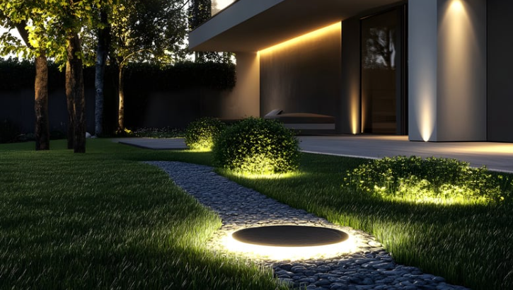 Landscape lighting curb appeal with illuminated garden path and modern exterior home lighting